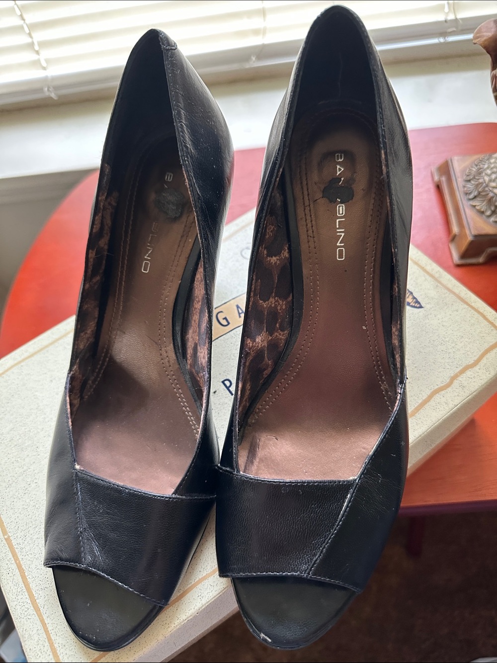 Bandolino Black Leather Peep-Toe Heels with Leopard Lining